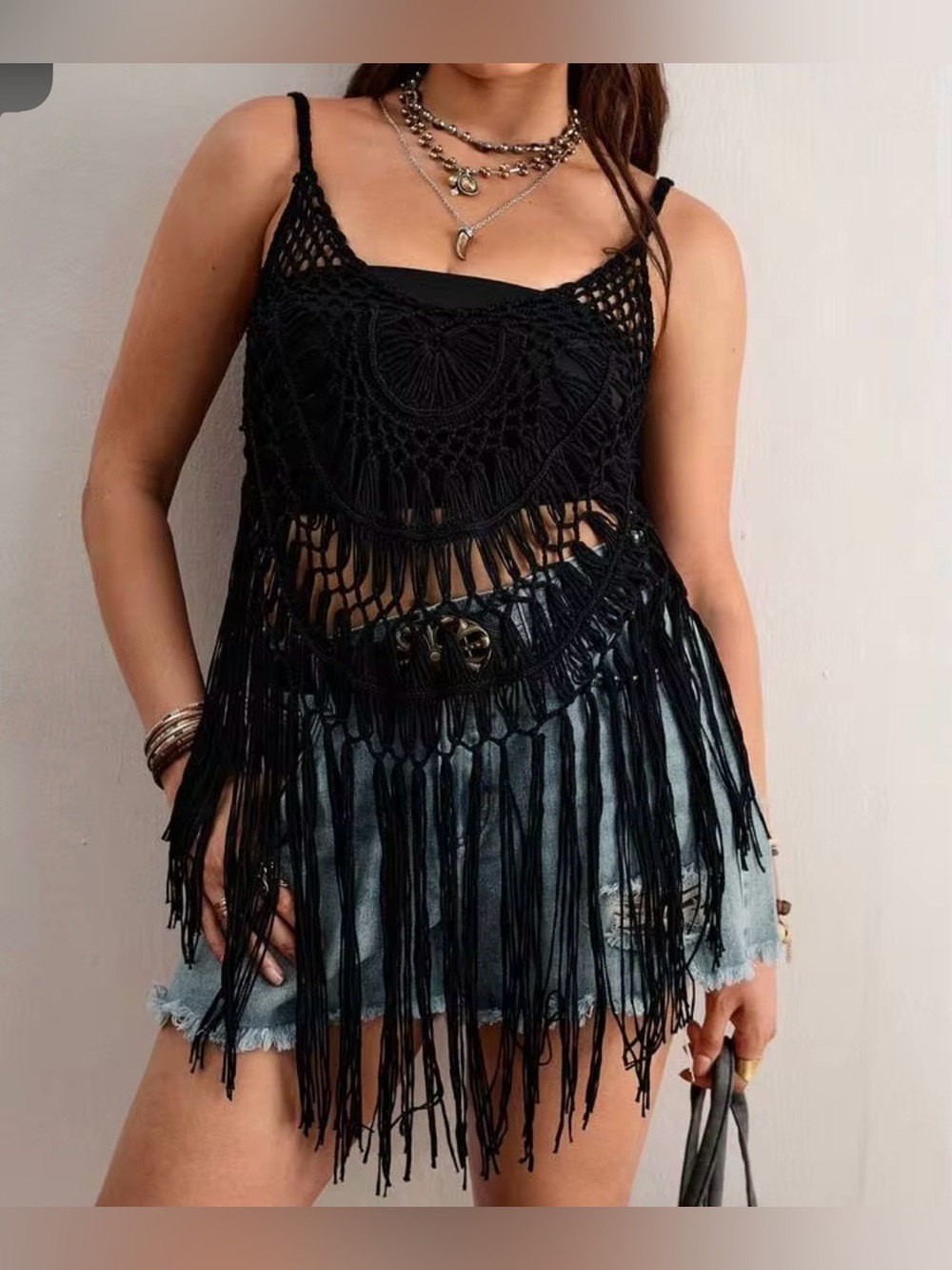 EUC Black bohemian crochet fringe cami top/ Bikini Cover Up